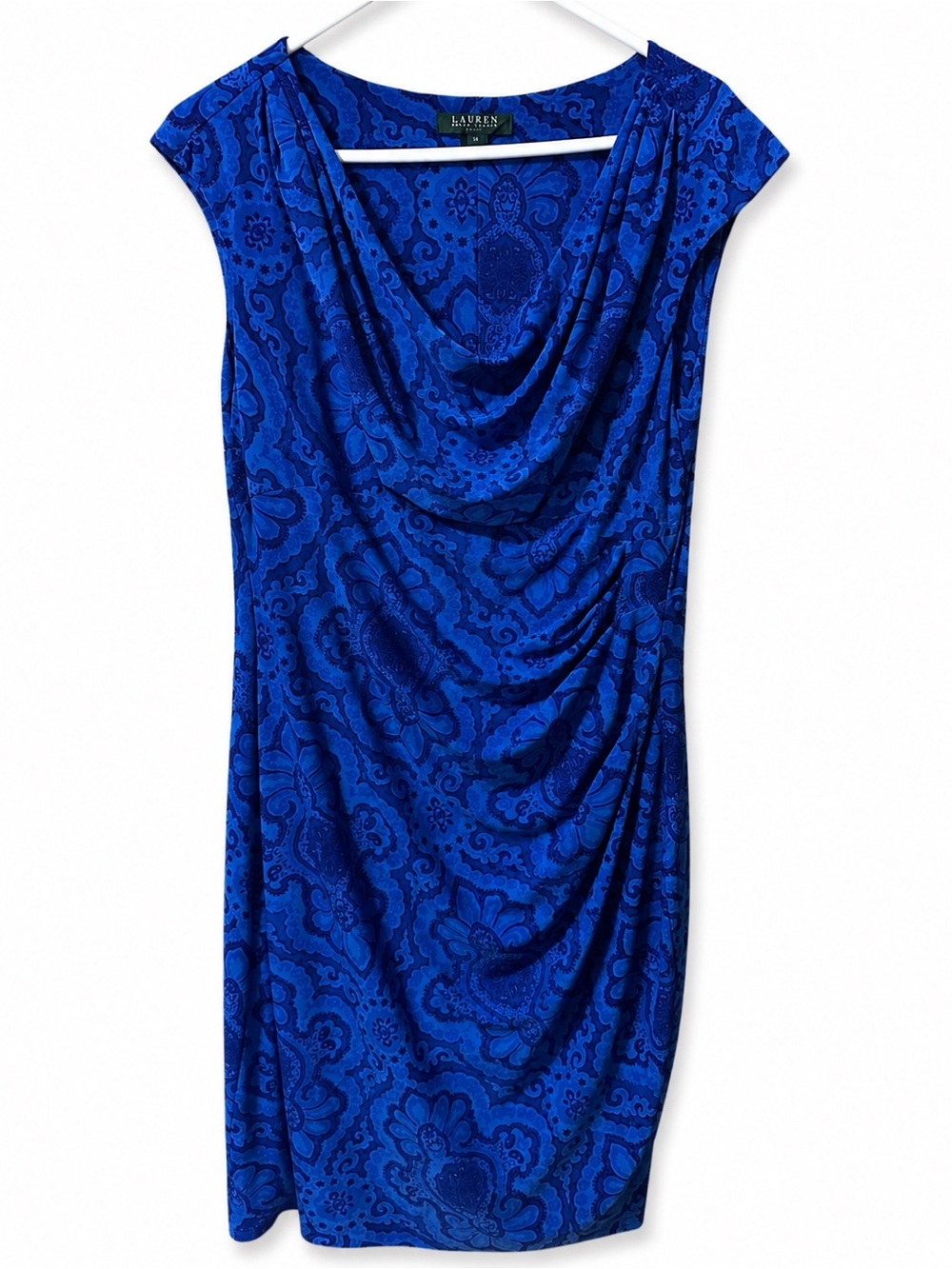 15. Lauren Ralph Lauren Blue Paisley Cowl Neck Ruched Dress Size 16